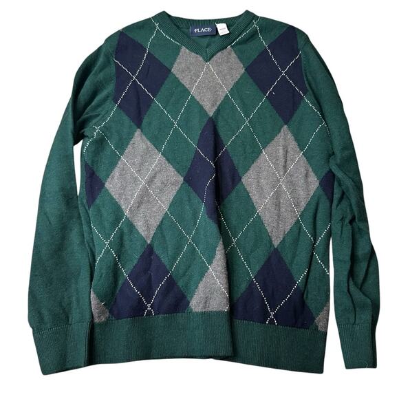 THE CHILDREN’S PLACE V- neck Argyle Sweater Green Navy blue and Gray CHRISTMAS - Picture 1 of 6